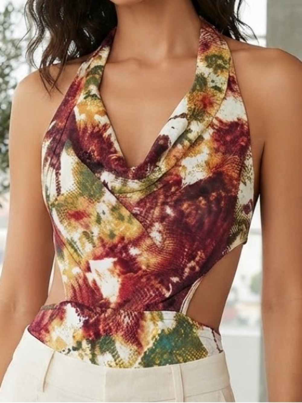 Fashion Nova Maroon Green Gold Tie-Dye Cowl Halter Bodysuit
